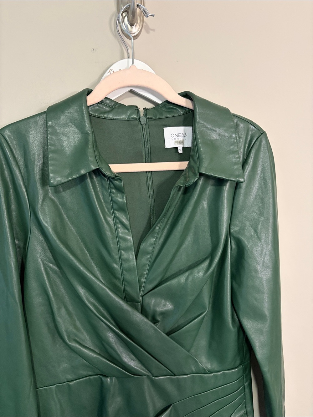 One33 Social Green Faux Leather Mini Shirt Dress Faux Wrap Designer Sz 12 - Picture 5 of 13
